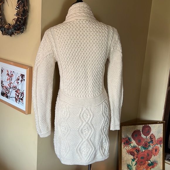 ARAN MOR IRELAND Size Small Long Fisherman Sweater Ecru Cableknit Zip Front - Picture 4 of 16